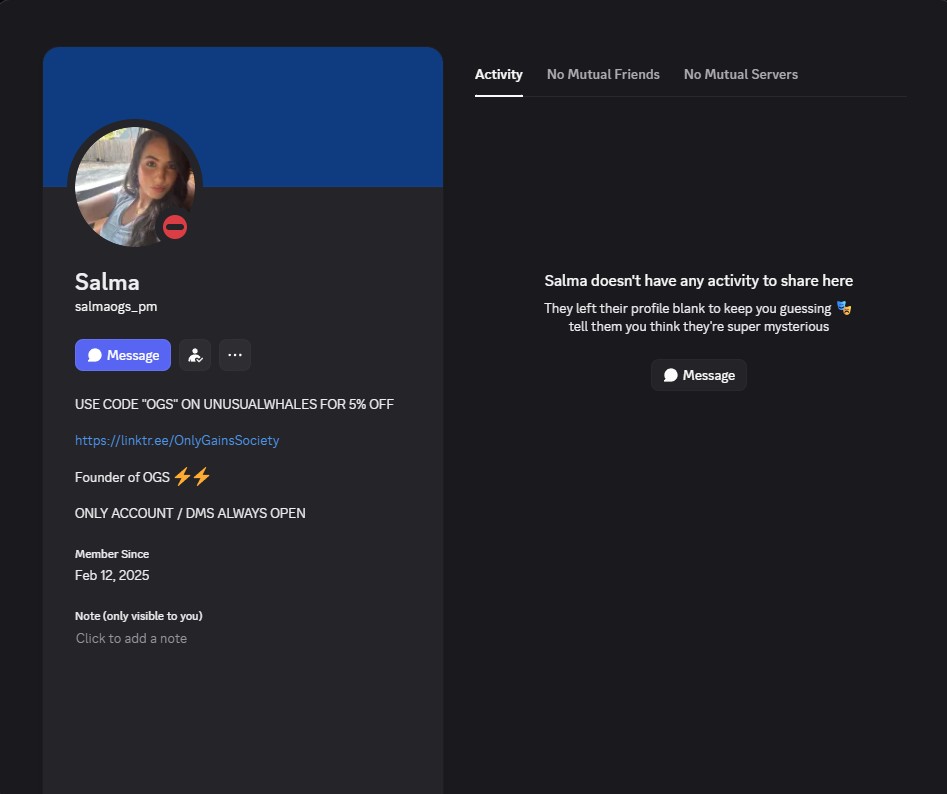 Fake Discord account salmaogs_pm impersonating real admin Salma